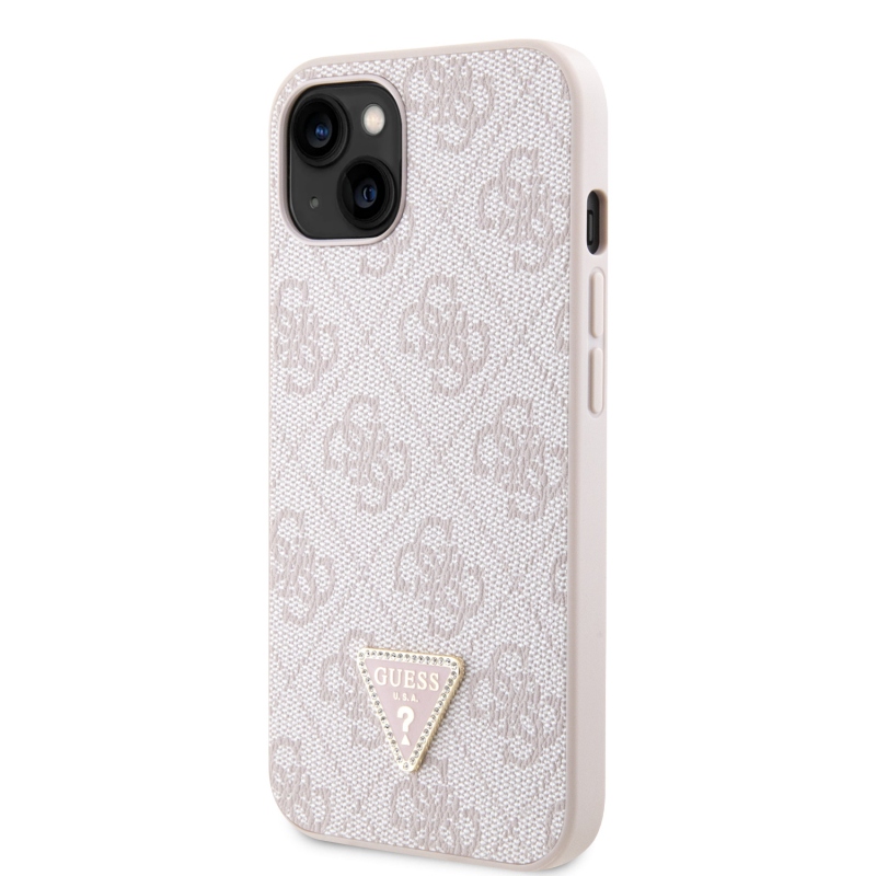 Guess PU 4G Strass Triangle Metal Logo Zadní Kryt pro iPhone 15 Pink