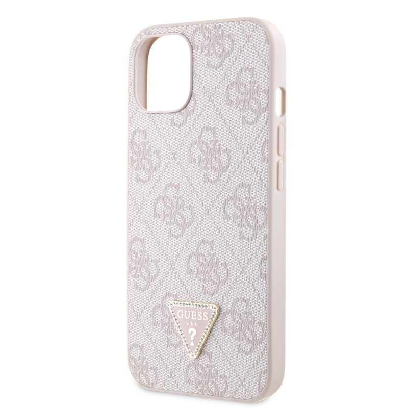 Guess PU 4G Strass Triangle Metal Logo Zadní Kryt pro iPhone 15 Pink