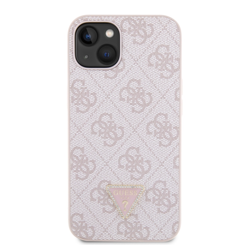 Guess PU 4G Strass Triangle Metal Logo Zadní Kryt pro iPhone 15 Pink