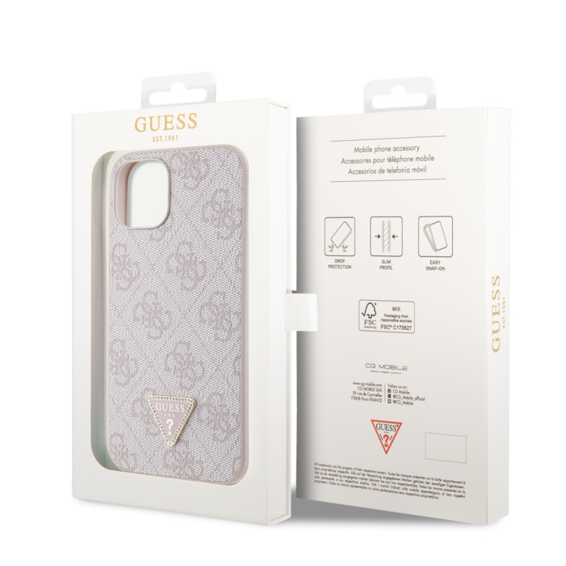 Guess PU 4G Strass Triangle Metal Logo Zadní Kryt pro iPhone 15 Pink