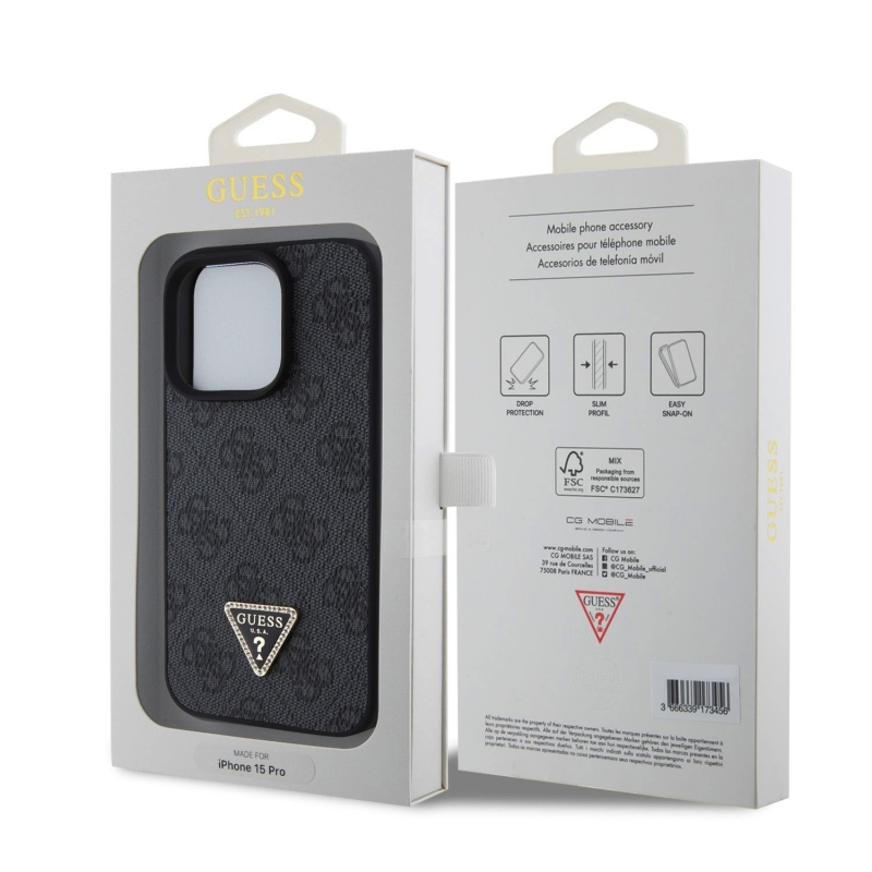 Guess PU 4G Strass Triangle Metal Logo Zadní Kryt pro iPhone 15 Pro Black
