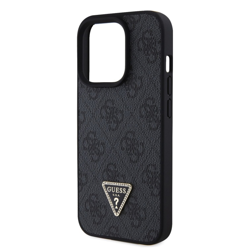 Guess PU 4G Strass Triangle Metal Logo Zadní Kryt pro iPhone 15 Pro Black