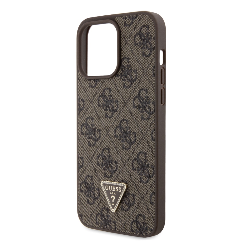 Guess PU 4G Strass Triangle Metal Logo Zadní Kryt pro iPhone 15 Pro Max Brown