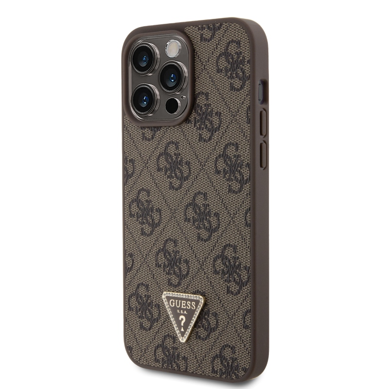 Guess PU 4G Strass Triangle Metal Logo Zadní Kryt pro iPhone 15 Pro Max Brown