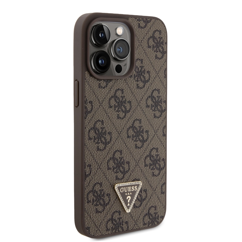 Guess PU 4G Strass Triangle Metal Logo Zadní Kryt pro iPhone 15 Pro Max Brown