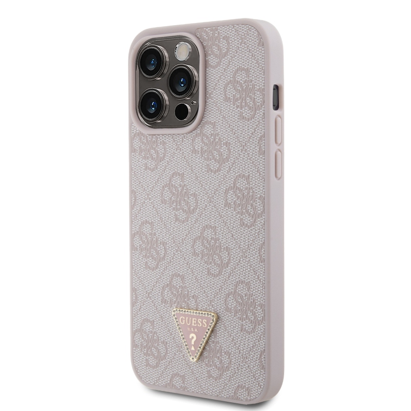 Guess PU 4G Strass Triangle Metal Logo Zadní Kryt pro iPhone 15 Pro Max Pink