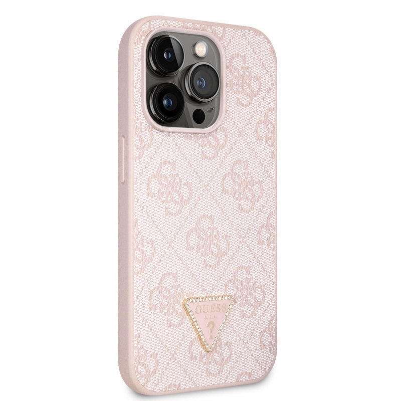 Guess PU 4G Strass Triangle Metal Logo Zadní Kryt pro iPhone 15 Pro Pink