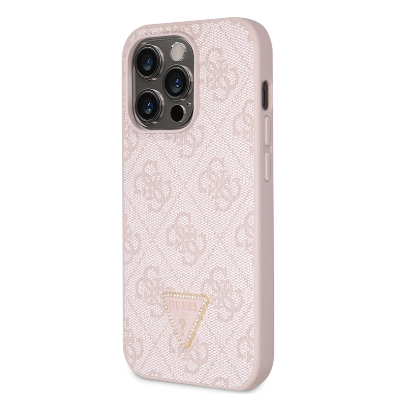 Guess PU 4G Strass Triangle Metal Logo Zadní Kryt pro iPhone 15 Pro Pink