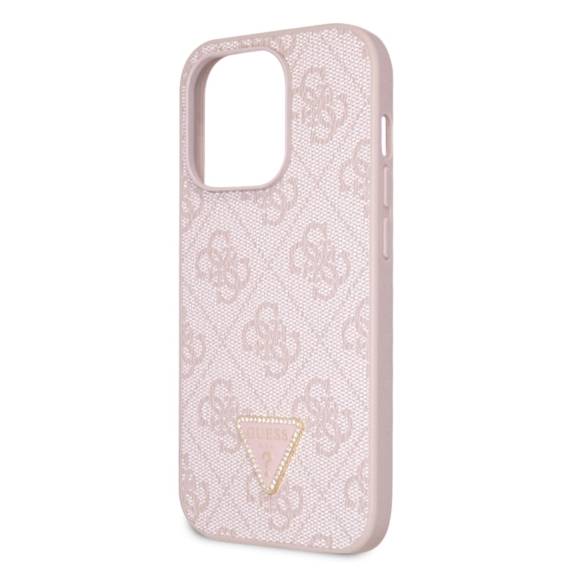 Guess PU 4G Strass Triangle Metal Logo Zadní Kryt pro iPhone 15 Pro Pink