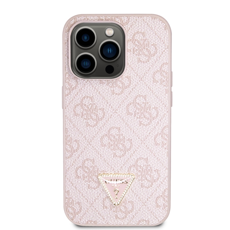 Guess PU 4G Strass Triangle Metal Logo Zadní Kryt pro iPhone 15 Pro Pink