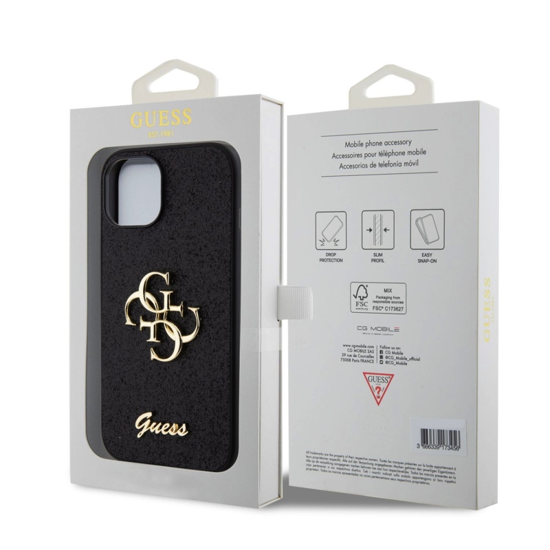 Guess PU Fixed Glitter 4G Metal Logo Zadní Kryt pro iPhone 13 Black