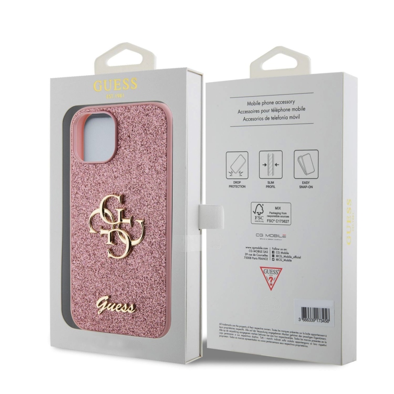 Guess PU Fixed Glitter 4G Metal Logo Zadní Kryt pro iPhone 15 Pink