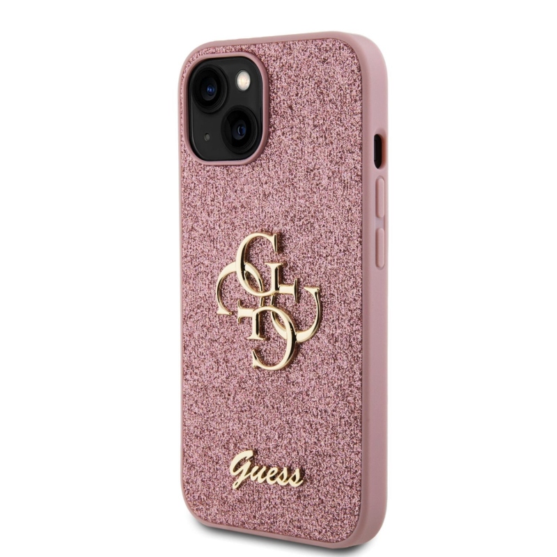 Guess PU Fixed Glitter 4G Metal Logo Zadní Kryt pro iPhone 15 Pink