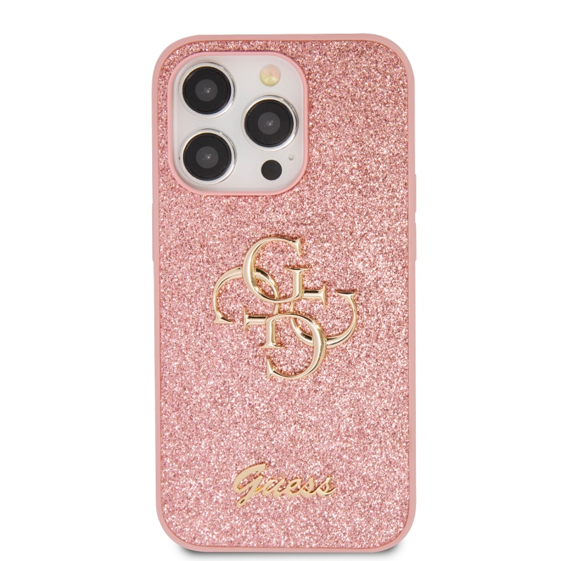 Guess PU Fixed Glitter 4G Metal Logo Zadní Kryt pro iPhone 15 Pro Pink