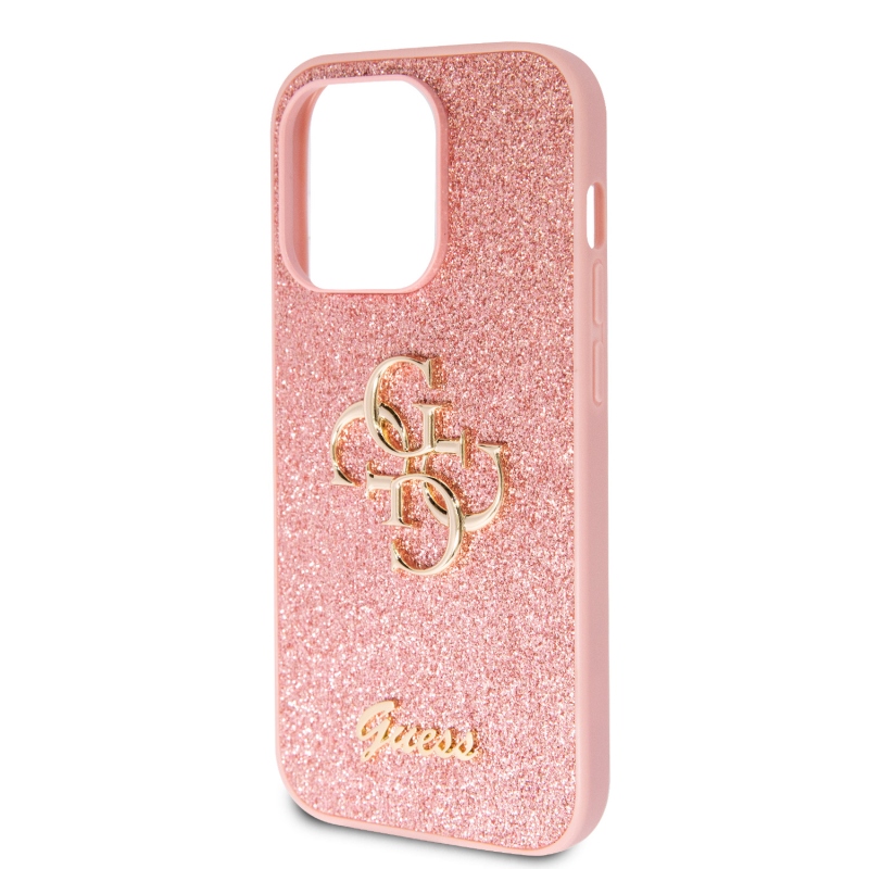 Guess PU Fixed Glitter 4G Metal Logo Zadní Kryt pro iPhone 15 Pro Pink