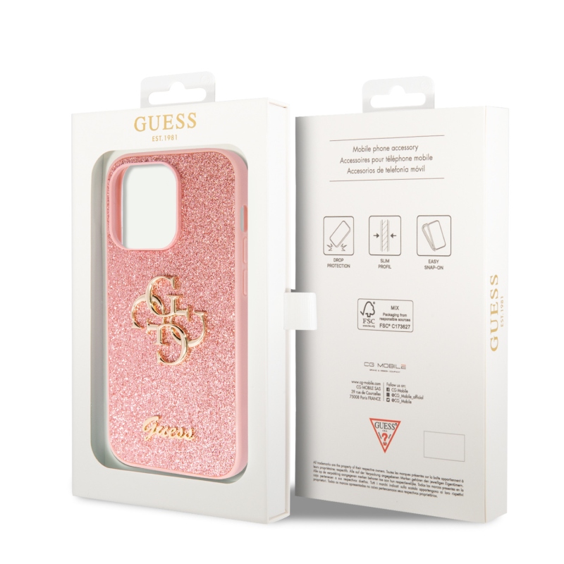 Guess PU Fixed Glitter 4G Metal Logo Zadní Kryt pro iPhone 15 Pro Pink