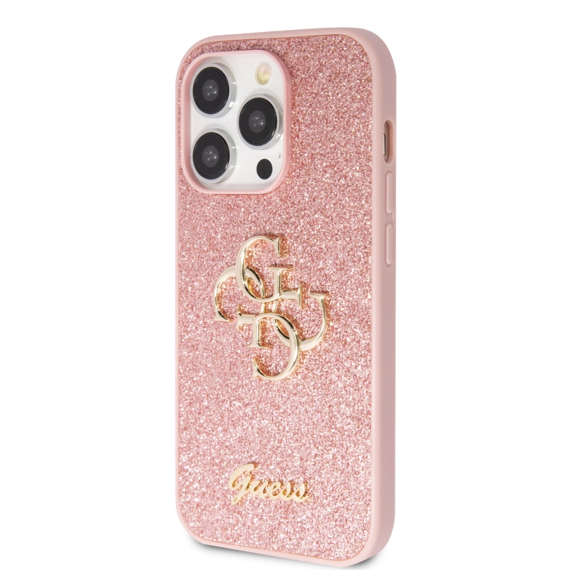 Guess PU Fixed Glitter 4G Metal Logo Zadní Kryt pro iPhone 15 Pro Pink