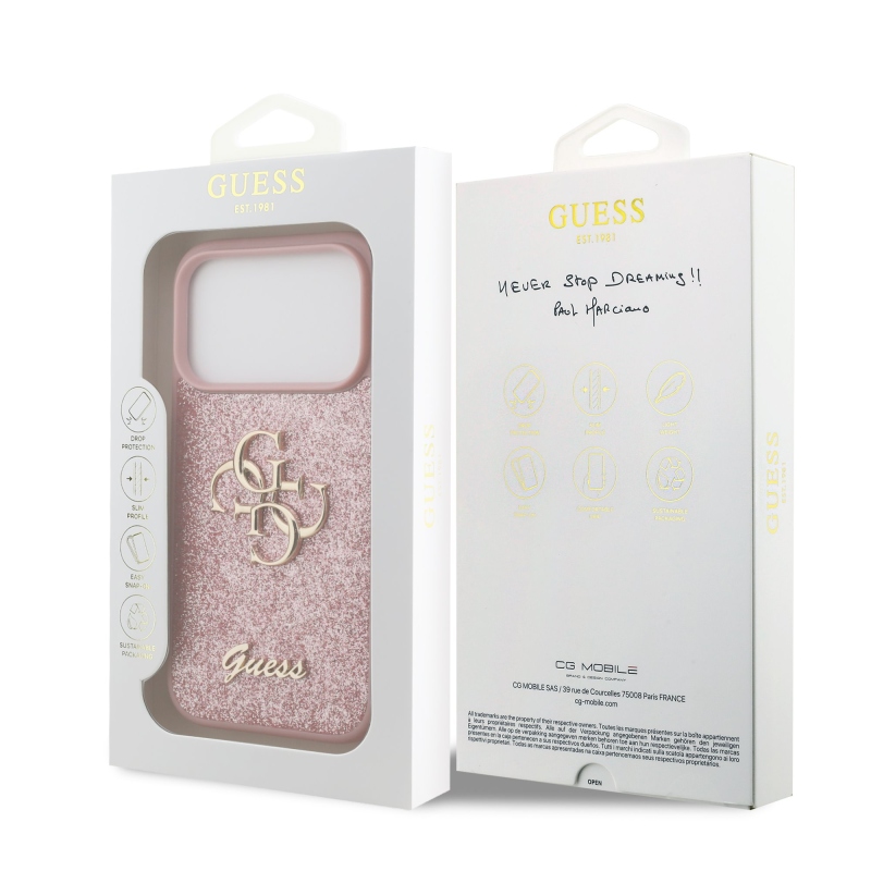 Guess PU Fixed Glitter 4G Metal Logo Zadní Kryt pro iPhone 18 Pro Pink