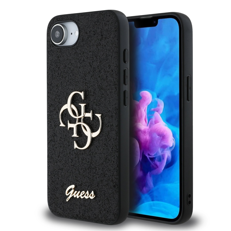 Guess PU Fixed Glitter 4G Metal Logo Zadní Kryt pro iPhone SE4 Black