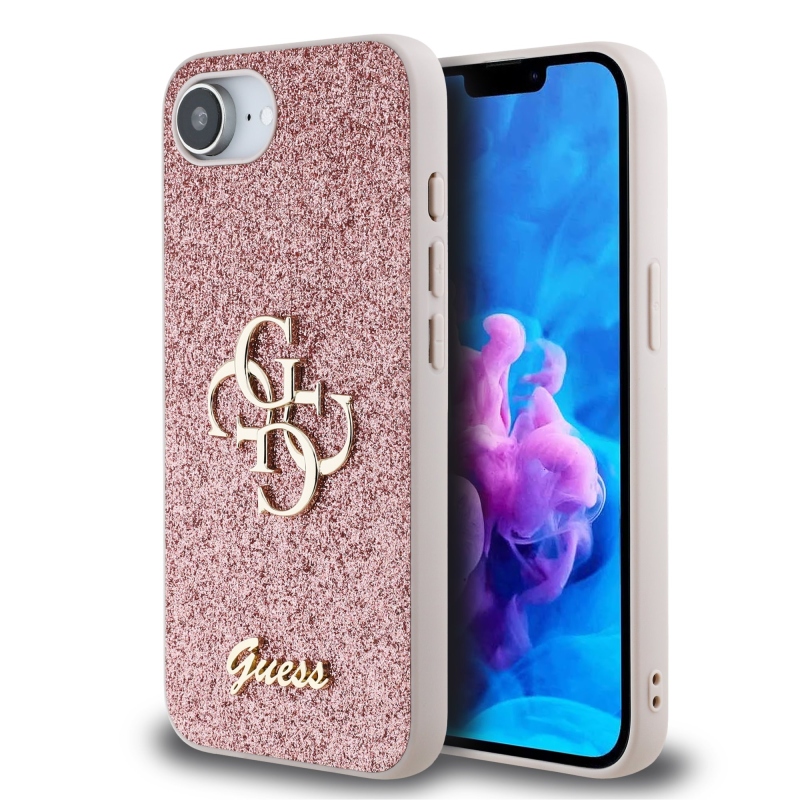 Guess PU Fixed Glitter 4G Metal Logo Zadní Kryt pro iPhone SE4 Pink