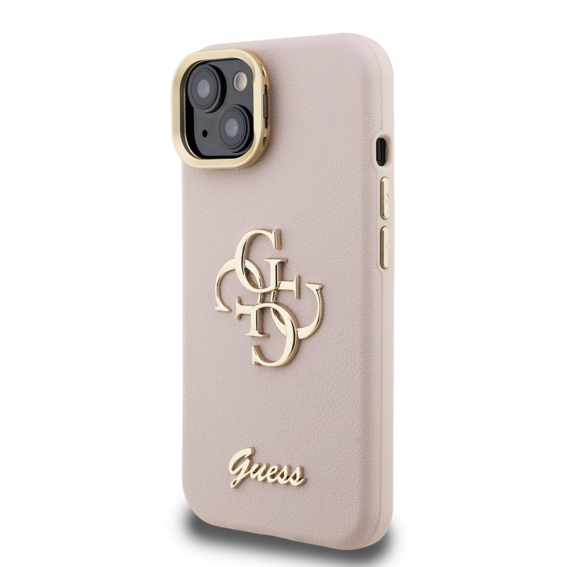 Guess PU Grained 4G Logo Stand Camera Frame Zadní Kryt pro iPhone 13 Pink