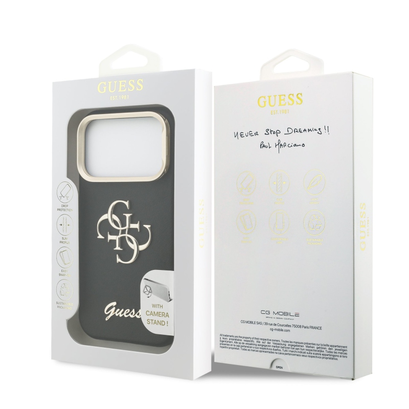 Guess PU Grained 4G Logo Stand Camera Frame Zadní Kryt pro iPhone 17 Pro Black