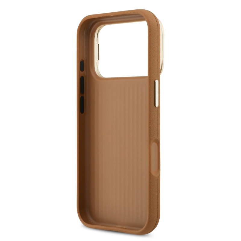 Guess PU Grained 4G Logo Stand Camera Frame Zadní Kryt pro iPhone 17 Pro Brown