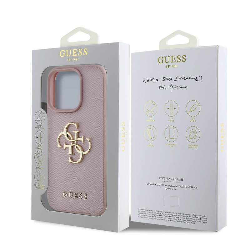 Guess PU Grained 4G Metal Logo Zadní Kryt pro iPhone 15 Pro Max Pink
