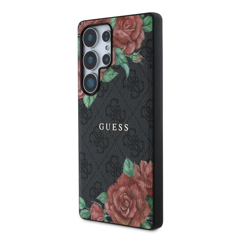 Guess PU Leather 4G Flowers Print Metal Classic Logo MagSafe Zadní Kryt pro Samsung Galaxy S25 Ultra Black