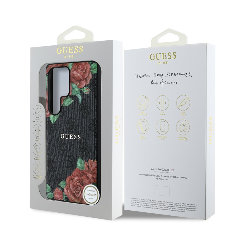 Guess PU Leather 4G Flowers Print Metal Classic Logo MagSafe Zadní Kryt pro Samsung Galaxy S25 Ultra Black