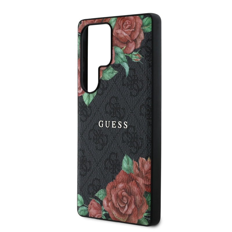 Guess PU Leather 4G Flowers Print Metal Classic Logo MagSafe Zadní Kryt pro Samsung Galaxy S25 Ultra Black