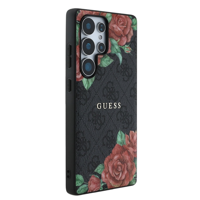 Guess PU Leather 4G Flowers Print Metal Classic Logo MagSafe Zadní Kryt pro Samsung Galaxy S25 Ultra Black