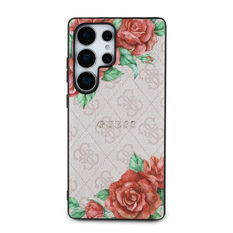 Guess PU Leather 4G Flowers Print Metal Classic Logo MagSafe Zadní Kryt pro Samsung Galaxy S25 Ultra Pink
