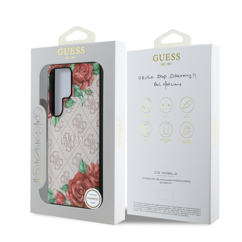 Guess PU Leather 4G Flowers Print Metal Classic Logo MagSafe Zadní Kryt pro Samsung Galaxy S25 Ultra Pink
