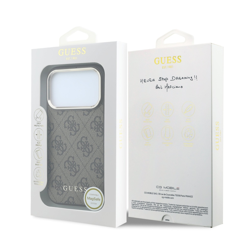 Guess PU Leather 4G Gold Frame MagSafe Zadní Kryt pro iPhone 18 Pro Brown