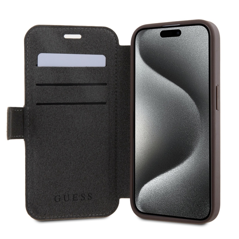 Guess PU Leather 4G Metal Logo Book Pouzdro pro iPhone 15 Pro Max Brown