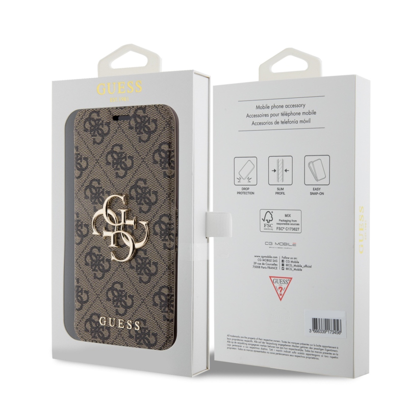 Guess PU Leather 4G Metal Logo Book Pouzdro pro iPhone 15 Pro Max Brown
