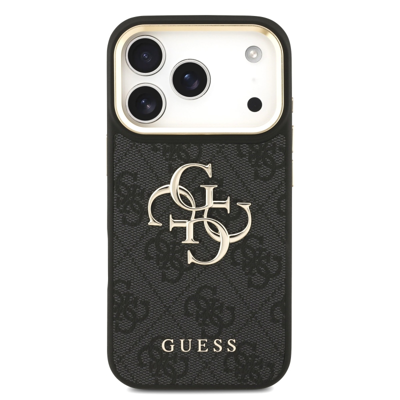 Guess PU Leather 4G Metal Logo Gold Frame Zadní Kryt pro iPhone 18 Pro Black