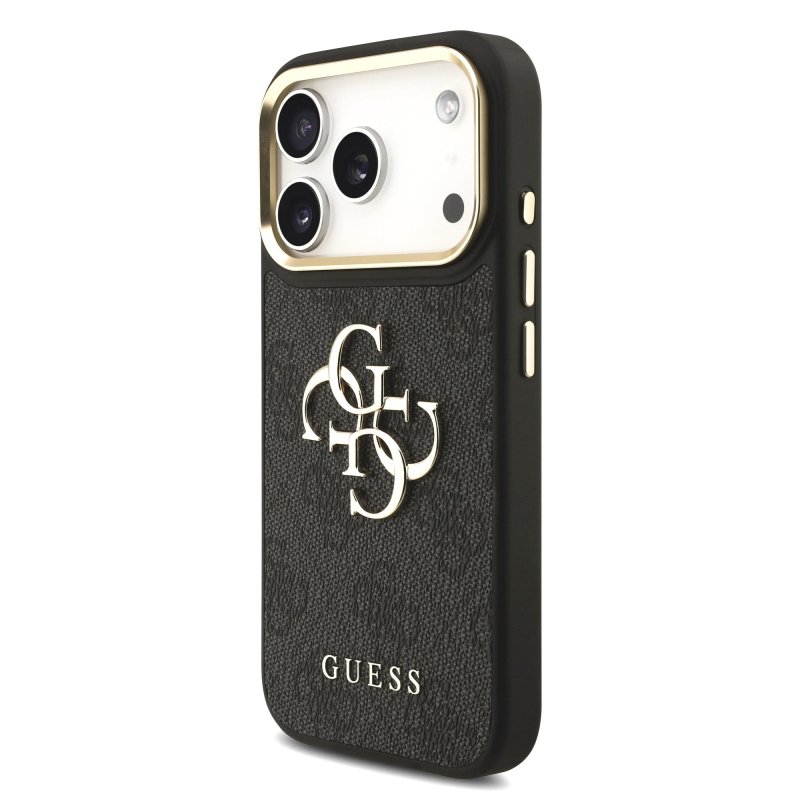 Guess PU Leather 4G Metal Logo Gold Frame Zadní Kryt pro iPhone 18 Pro Black