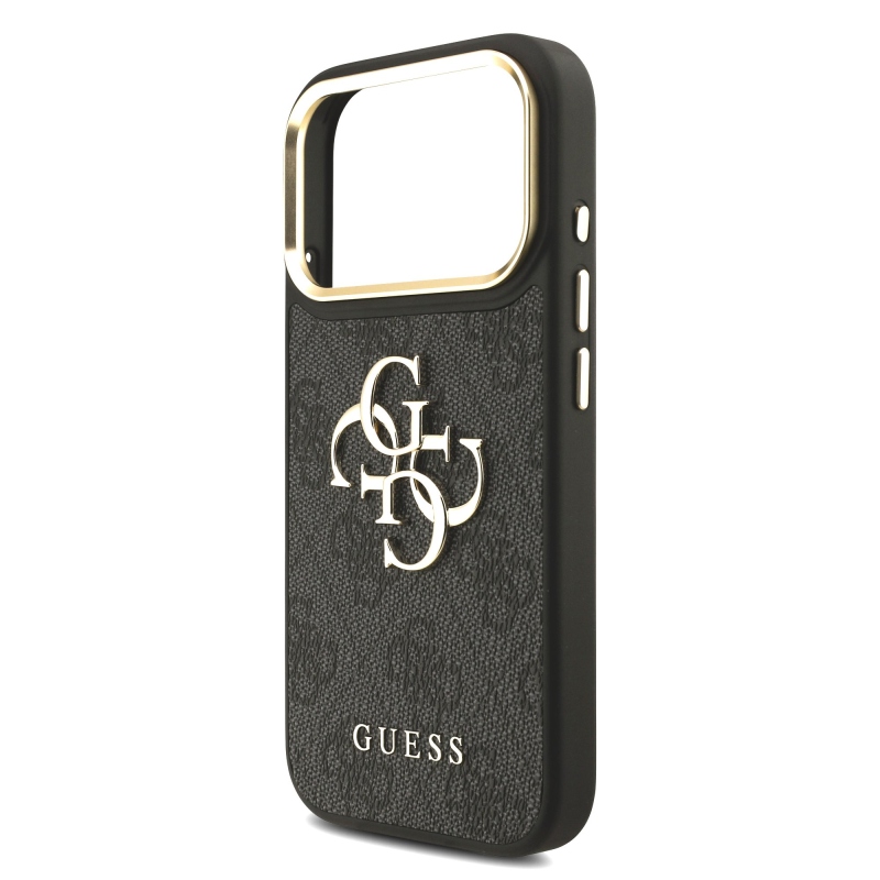 Guess PU Leather 4G Metal Logo Gold Frame Zadní Kryt pro iPhone 18 Pro Black