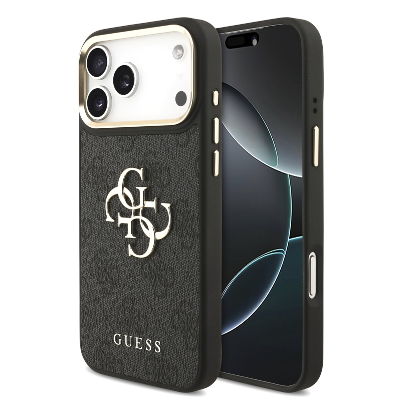 Guess PU Leather 4G Metal Logo Gold Frame Zadní Kryt pro iPhone 18 Pro Max Black