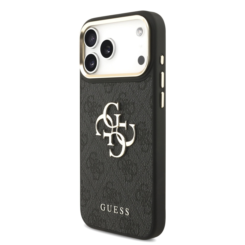 Guess PU Leather 4G Metal Logo Gold Frame Zadní Kryt pro iPhone 18 Pro Max Black