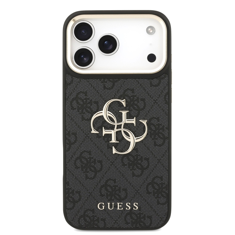 Guess PU Leather 4G Metal Logo Gold Frame Zadní Kryt pro iPhone 18 Pro Max Black