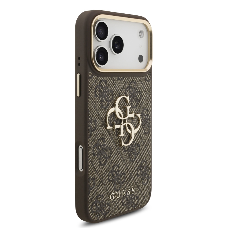 Guess PU Leather 4G Metal Logo Gold Frame Zadní Kryt pro iPhone 18 Pro Max Brown