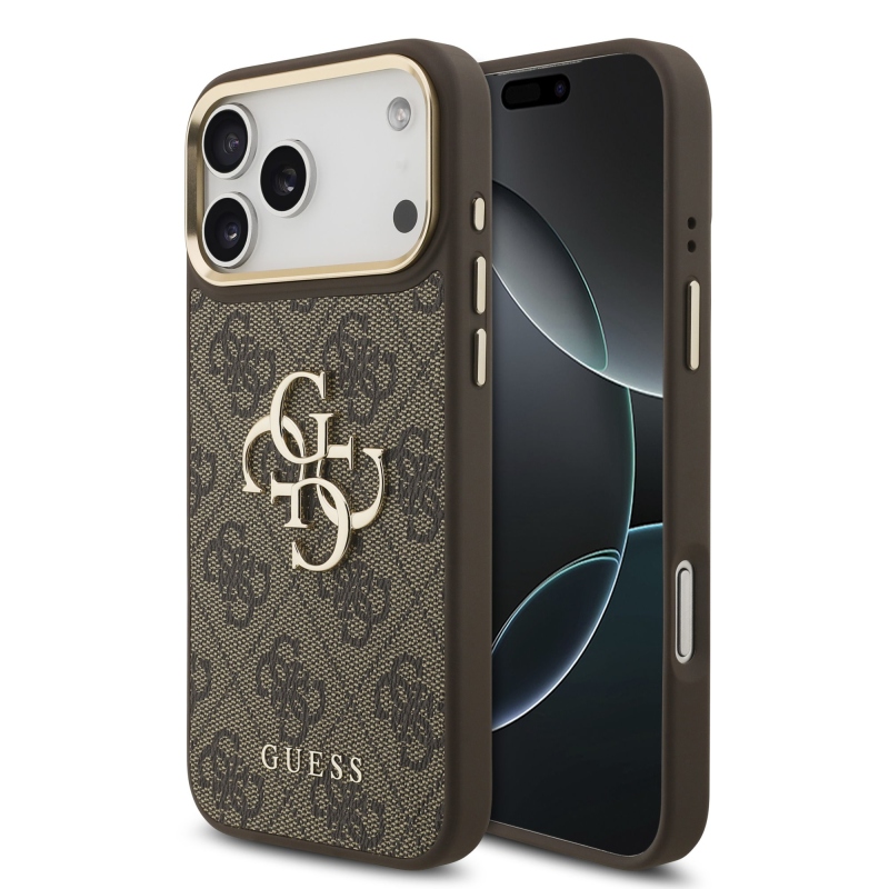 Guess PU Leather 4G Metal Logo Gold Frame Zadní Kryt pro iPhone 18 Pro Max Brown