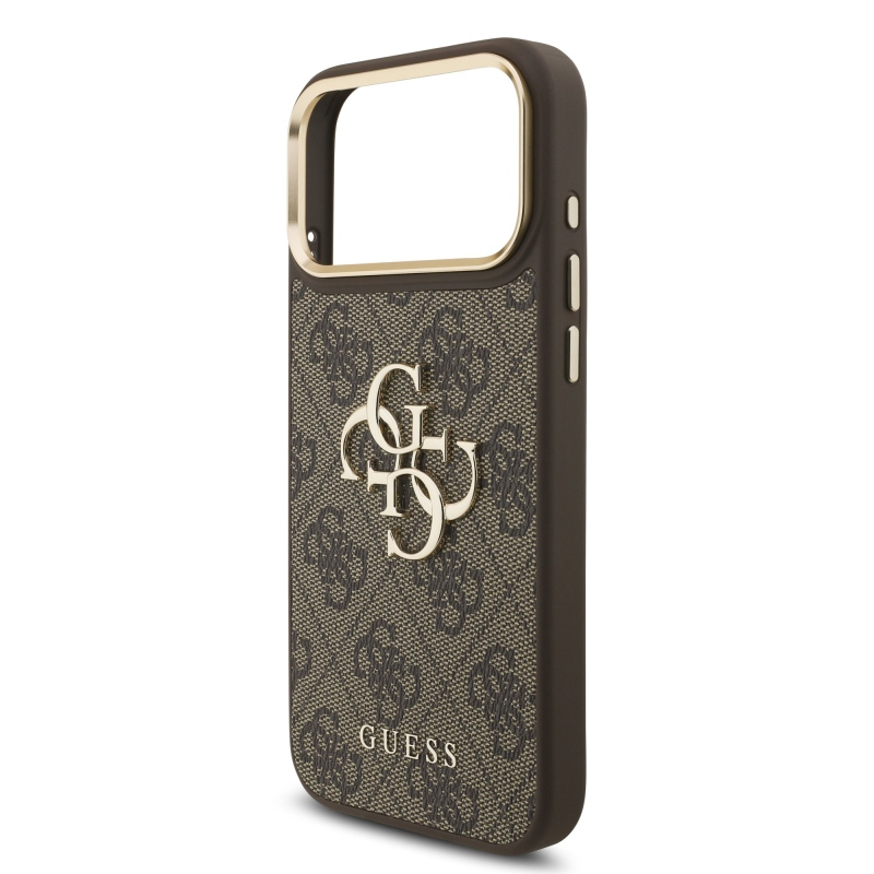 Guess PU Leather 4G Metal Logo Gold Frame Zadní Kryt pro iPhone 18 Pro Max Brown
