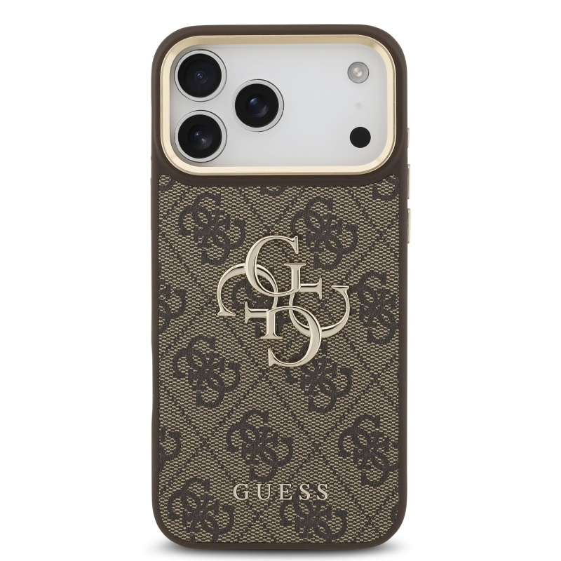 Guess PU Leather 4G Metal Logo Gold Frame Zadní Kryt pro iPhone 18 Pro Max Brown