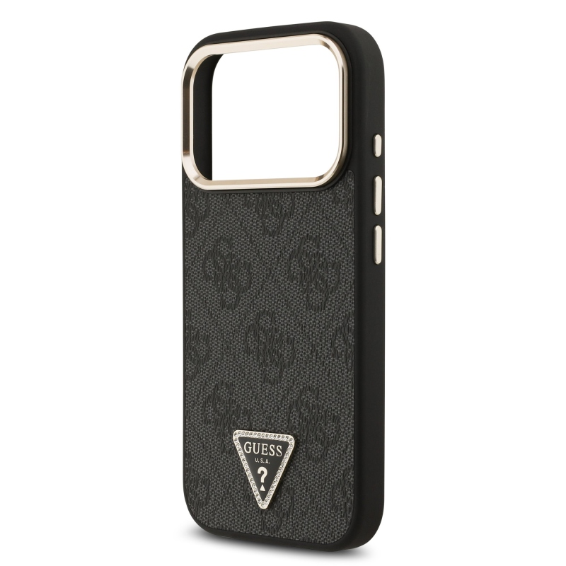 Guess PU Leather 4G Strass Triangle Logo Gold Frame MagSafe Zadní Kryt pro iPhone 18 Pro Black
