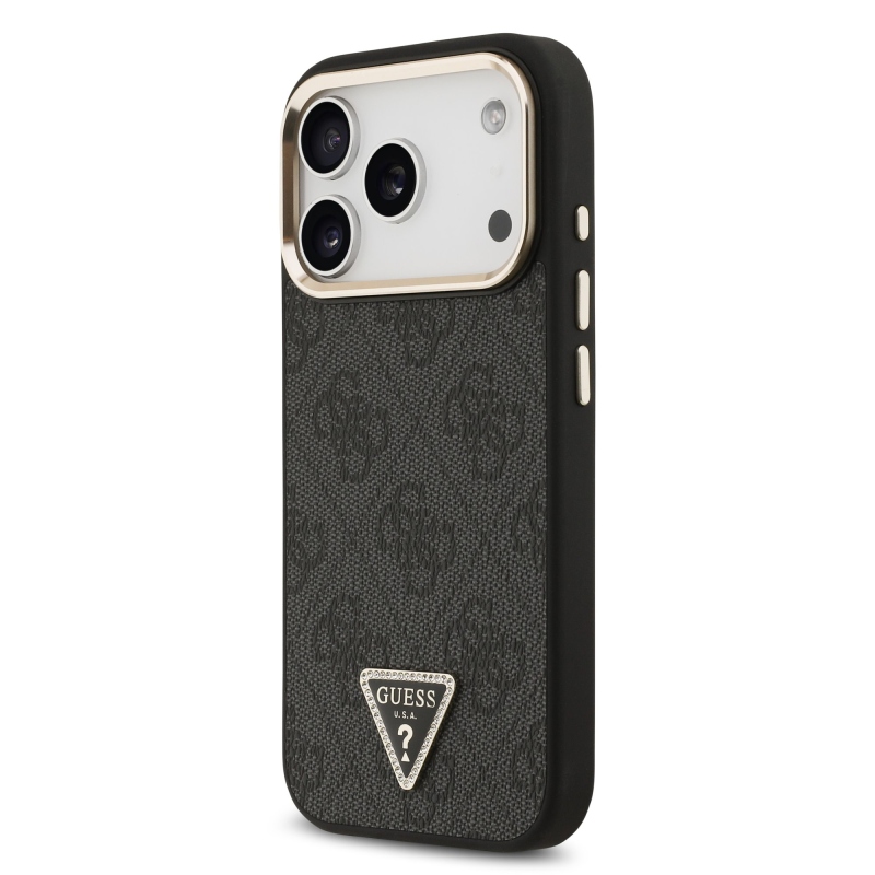Guess PU Leather 4G Strass Triangle Logo Gold Frame MagSafe Zadní Kryt pro iPhone 18 Pro Black