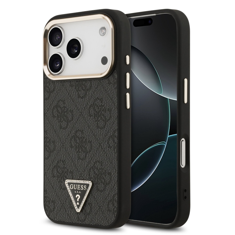 Guess PU Leather 4G Strass Triangle Logo Gold Frame MagSafe Zadní Kryt pro iPhone 18 Pro Black